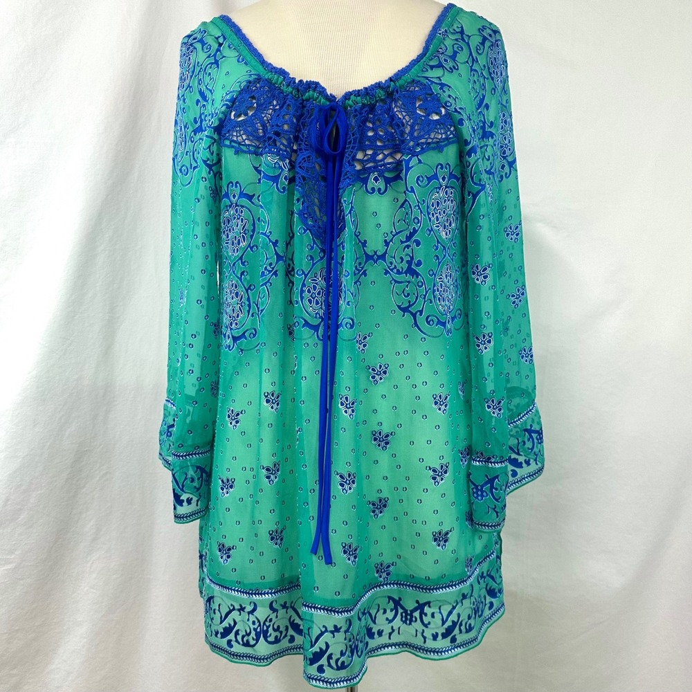 HALE BOB Silk Green Blue Paisley Crochet Lace Sheer Peasant Tunic Top Women's L